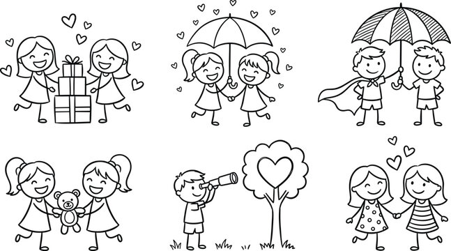 Happy children friendship and cute love couple line doodle illustration set for valentine theme designs