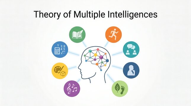 Educational vector infographic explaining Howard Gardner theory of multiple intelligences with colorful brain capability icons
