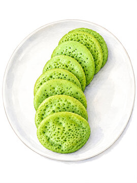 Watercolor illustration of green pandan serabi pancakes served on a white ceramic plate isolated on white background.
