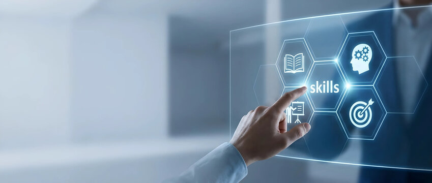 Professional businessman interacting with a futuristic digital interface showing skill icons and text, symbolizing professional growth, corporate training, and modern technical competence.