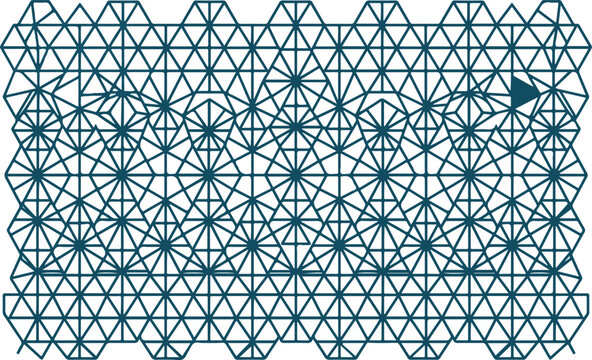 Abstract blue geometric pattern forming intricate traditional japanese kumiko lattice design on white background