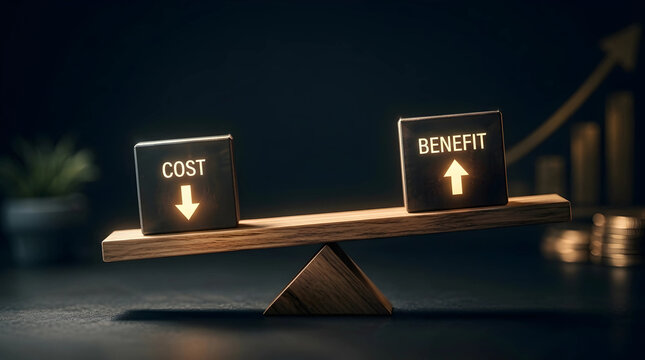 Conceptual cost benefit analysis on wooden balance scale highlighting financial strategy, expense reduction, and profit optimization for business planning.