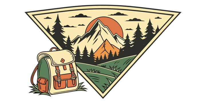 Travel backpack in front of a retro triangular mountain adventure emblem with mountain landscape