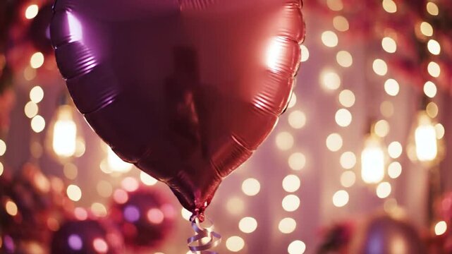 Red heart shaped balloon with glowing bokeh party lights