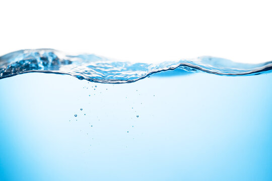 Air Bubbles Float Up in Clear water. Splashing Water Wave. Pure Drinking Water, Oxygen Relaxation. Clean Blue Water Textured on White Background.	
