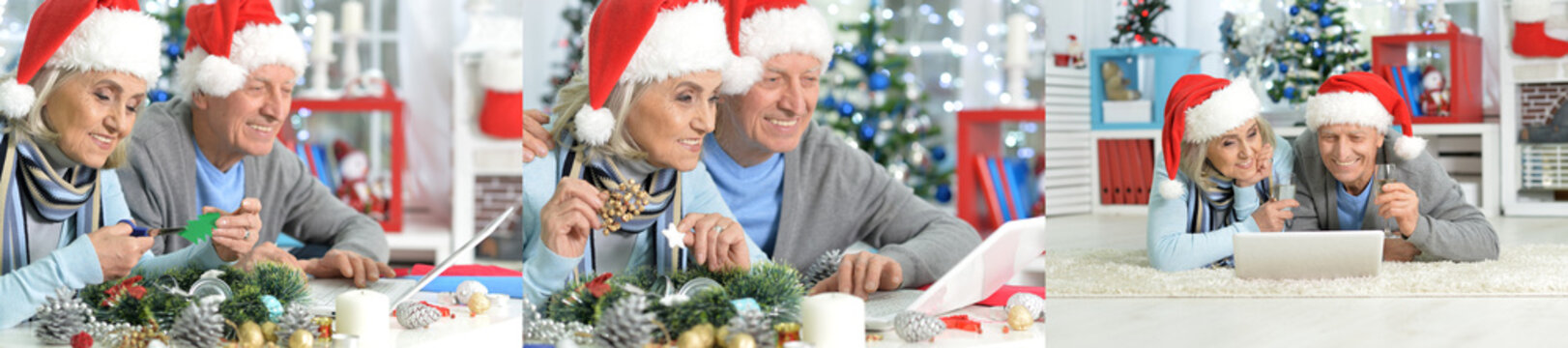Happy Senior Couple Celebrating Christmas at Home with Festive Decorations