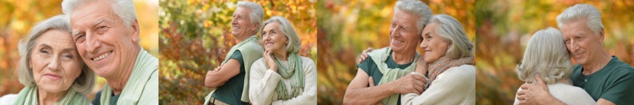 Happy Senior Couple Walking and Smiling Outdoors in Autumn