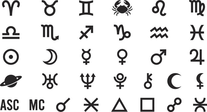 Astrology zodiac signs and planetary horoscope symbols icon set for esoteric celestial birth chart reading