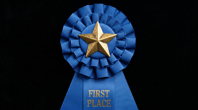 Blue ribbon award with gold star for first place winner achievement and excellence recognition