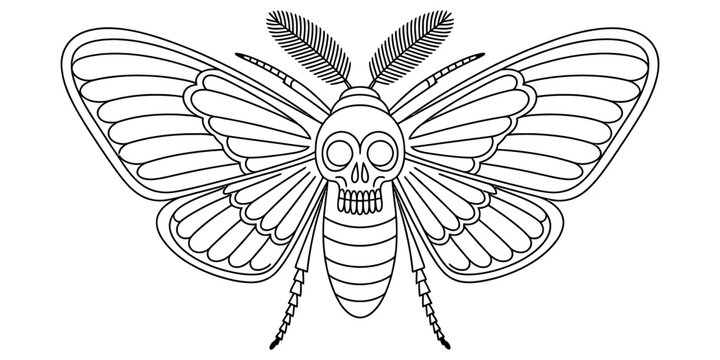 Death head moth with skull pattern on its back as a line art drawing