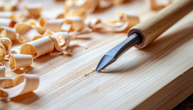 Traditional woodblock print carving tool resting on a freshly carved wooden block