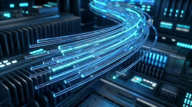 Abstract digital data stream flowing through a high tech computer server room with glowing blue light trails