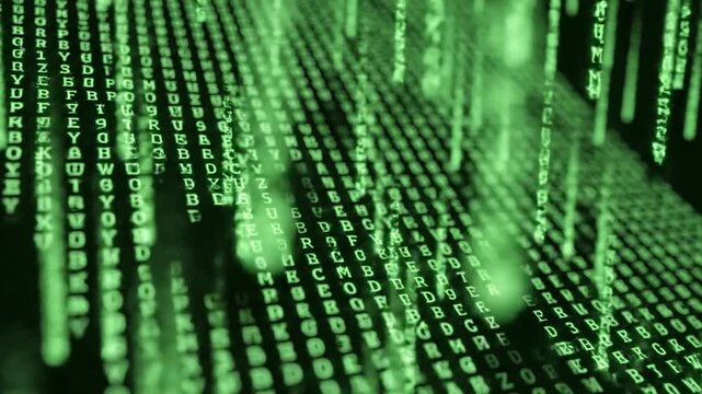 Digital Matrix of Code: Cascading lines of green digital characters, resembling a futuristic matrix, create an abstract representation of data flow and technological advancement.
