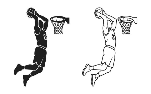 Basketball player dunking silhouette against a white background
