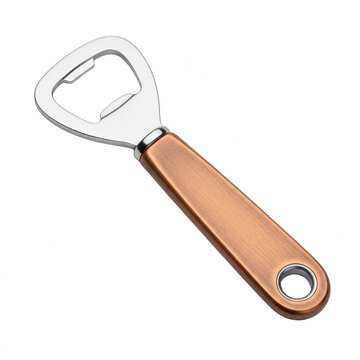 Metal bottle opener with a rustic wooden handle isolated on transparent background