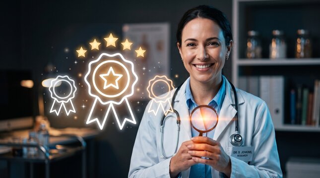 Medical Professional with Quality Seals: A smiling female doctor in a white coat, holding a magnifying glass, stands in a clinic surrounded by glowing quality assurance seals and star ratings.