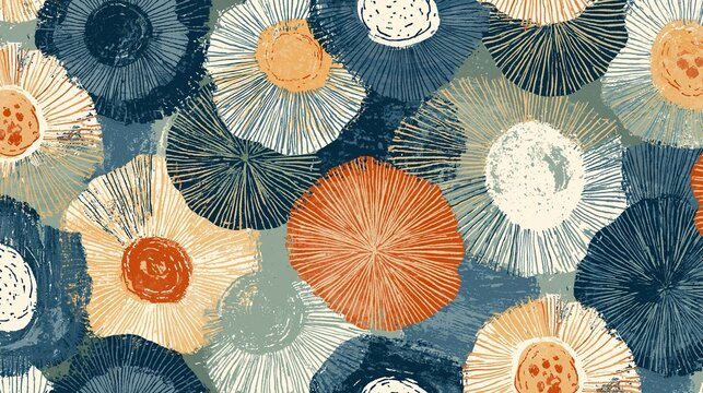 Abstract hand printed seamless floral pattern with overlapping circular sunburst shapes in muted blue orange and neutral tones retro boho decorative wallpaper design