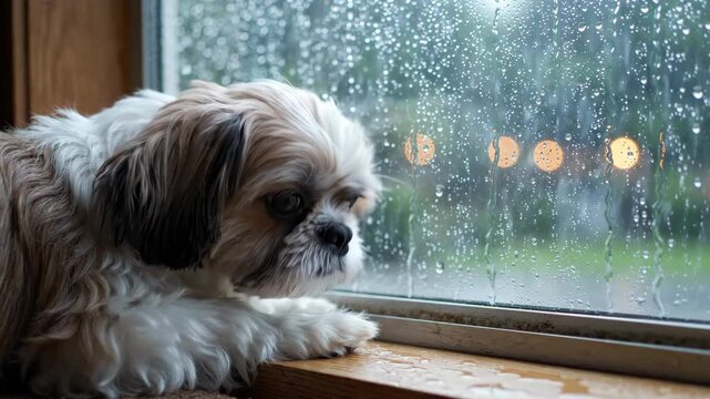 Adorable Shih Tzu dog looking out a window on a rainy day, feeling pensive.