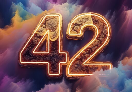 Number 42 with textured stone surface and glowing orange neon outline against a colorful abstract smoke background