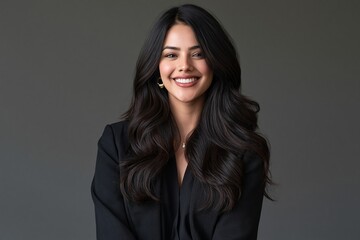 Fototapeta premium Beautiful young woman with long dark wavy hair smiling in a black blazer on grey background