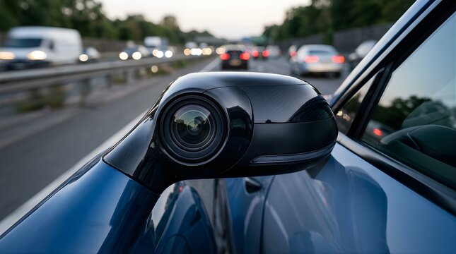 Modern car side mirror camera lens capturing traffic on a highway road