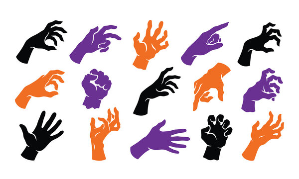 Set of halloween zombie hands silhouettes in black, orange, and purple colors