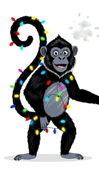 Pixel art monkey with colorful festive lights wrapped around its body, waving hello and looking curious, holiday decoration
