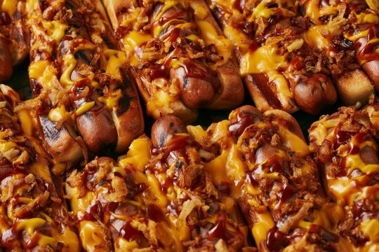 Hot dogs topped with cheese, bacon bits, and sauce arranged closely on a platter