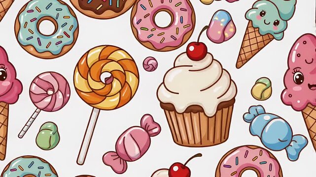 Cute pixel art dessert pattern featuring ice cream cones, donuts, and candy, playful food illustration loop