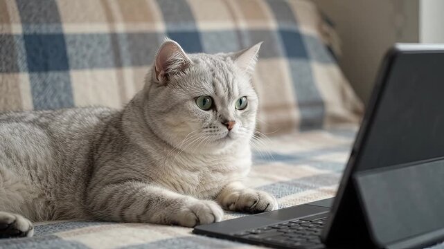 Cute cat looking at tablet computer screen sitting on sofa couch