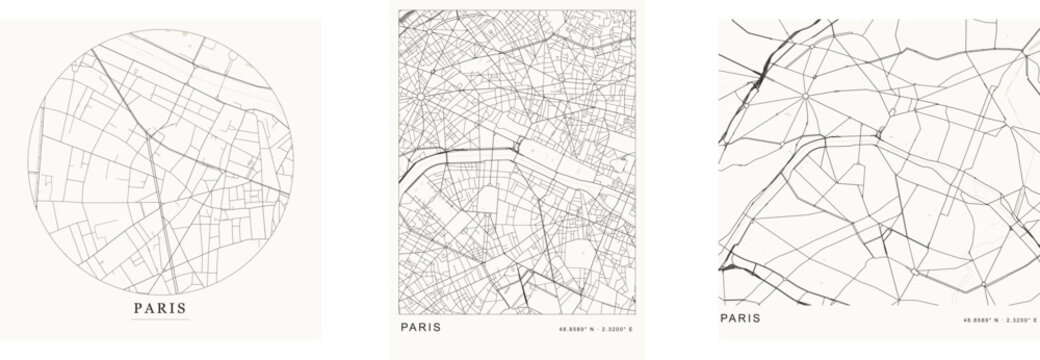 Set of three minimalist street maps of paris, france, featuring different zoom levels and artistic styles of the citys road network