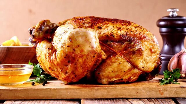 Whole Roasted Chicken on Wooden Board with Herbs and Spices