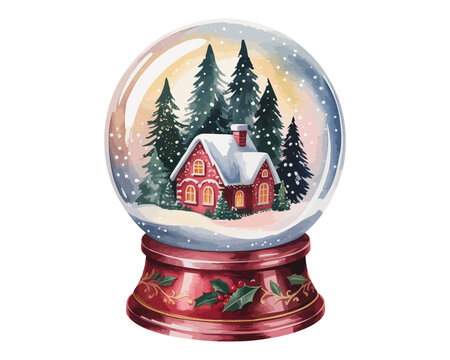 Watercolor Snow Globe, Festive Christmas Winter Scene, Vector Illustration Isolated on White Background
