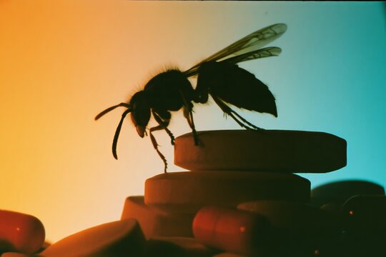 Close-up of a bee silhouette on a book in a colorful still life scene