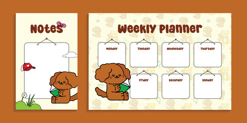 Fototapeta premium Weekly planner and notes template with cute cartoon dog