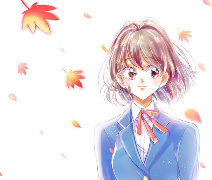 女子学生　バストアップ　ほほ笑み　紅葉