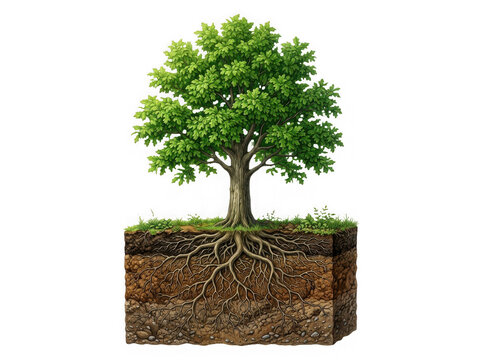 Oak tree with visible root system and soil layers isolated on transparent background