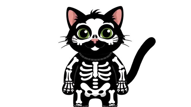 Animated halloween black cat dressed as skeleton dancing and celebrating, spooky holiday motion graphic