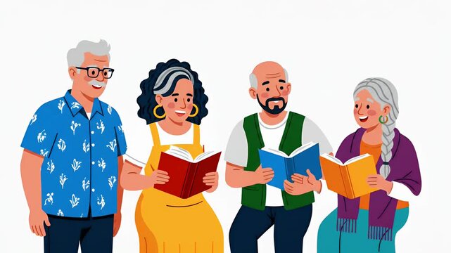 Diverse group of adults reading books together, sharing knowledge and conversation, diverse ages and ethnicities, community learning