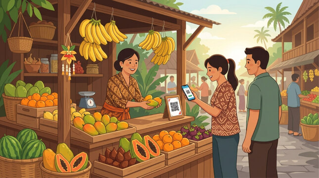 AI generated illustration of a traditional fruit market vendor accepting QR code mobile payment from a customer, warm sunny lighting, Southeast Asian village setting.