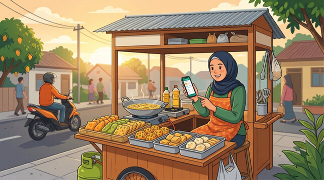 AI generated illustration of Muslim woman street vendor in hijab using smartphone at food cart, sunset golden hour lighting, Indonesian gorengan snacks, digital art.
