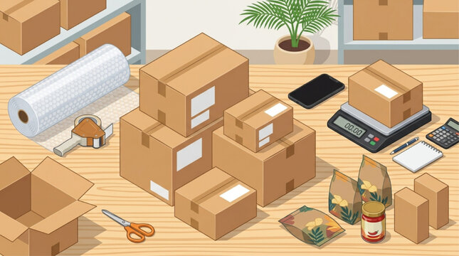 Isometric e-commerce shipping station with cardboard boxes, digital scale, and packing supplies on wooden desk. Clean flat design for small business logistics and fulfillment. AI generated.