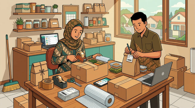 AI generated illustration of a Muslim couple managing a small home business, packing cardboard boxes for shipping in a bright workspace with laptops and batik clothing.