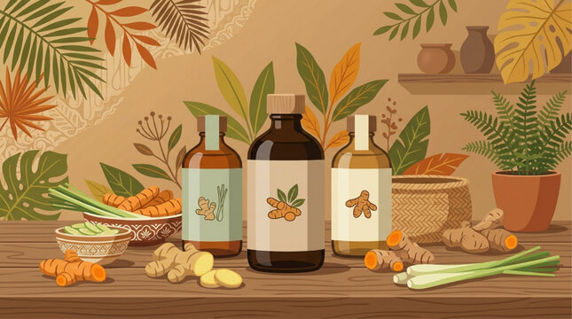 AI generated herbal medicine bottles with ginger and turmeric extracts, tropical leaf background, warm earthy tones, holistic wellness illustration.