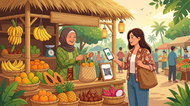 AI generated illustration of a woman using a smartphone for digital payment at a tropical fruit stall with a vendor in a hijab, warm sunny lighting.