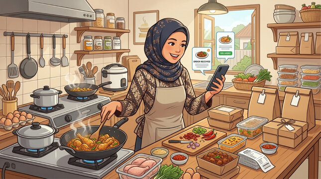 AI Generated illustration of a smiling Muslim woman in hijab cooking and managing food delivery orders on a smartphone in a cozy kitchen, home catering business concept.