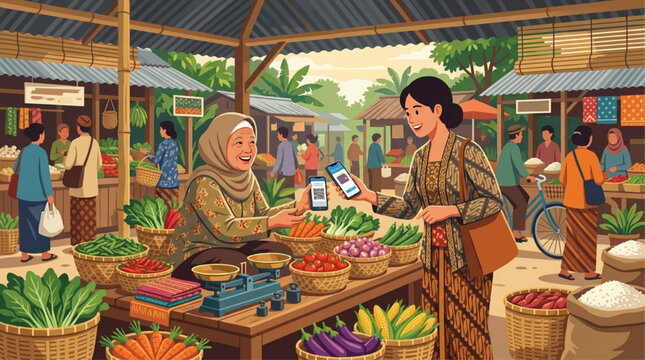 AI generated illustration of a woman using a smartphone QR code payment at a traditional Indonesian market stall with fresh vegetables and warm sunlight.