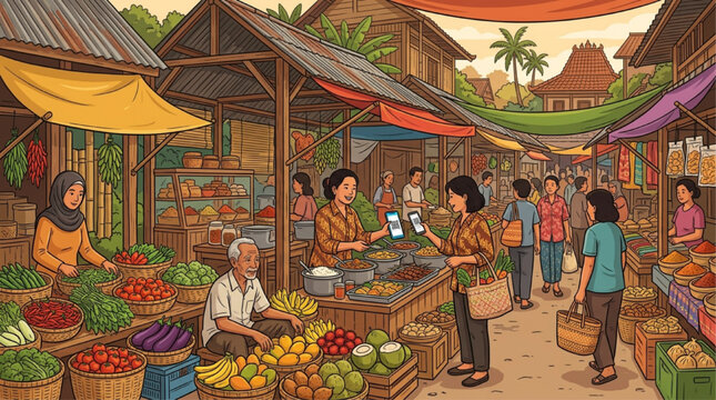AI generated illustration of a vibrant traditional Southeast Asian market where a customer uses a smartphone for digital payment at a fresh produce stall under warm sunlight.