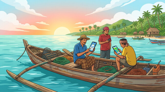 AI generated illustration of Asian fishermen on a traditional outrigger boat using mobile devices for navigation at sunset. Warm golden hour lighting over tropical ocean and coastal village.