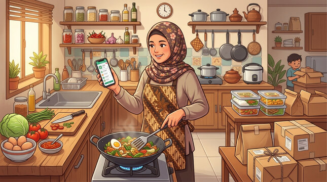 Muslim woman in hijab cooking in kitchen holding smartphone for home catering business, warm morning light, digital illustration, AI generated